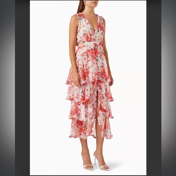 elliatt event pink floral ruffled tiered cutout maxi long gown dress size small - Picture 2 of 8